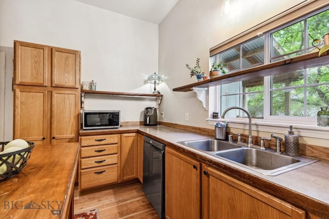 2801 W Villard St, Bozeman, MT 59718 - kitchen featuring stainless steel microwave, dishwasher, open shelves, healthy amount of natural light, and vaulted ceiling