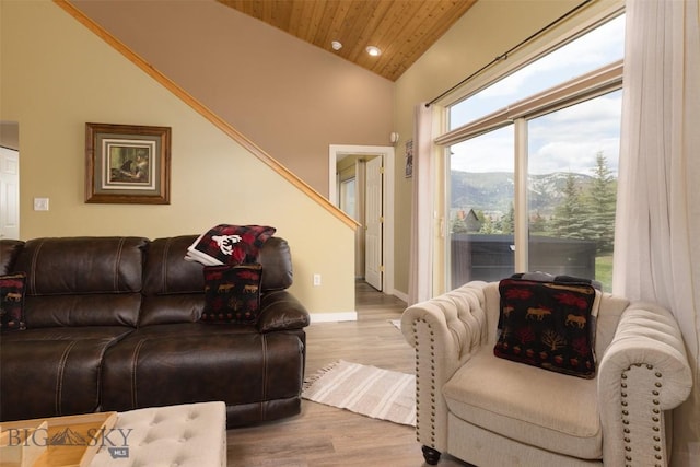 456 Firelight, Big Sky, MT 59716 - living room with wood finished floors, wood ceiling, recessed lighting, and high vaulted ceiling