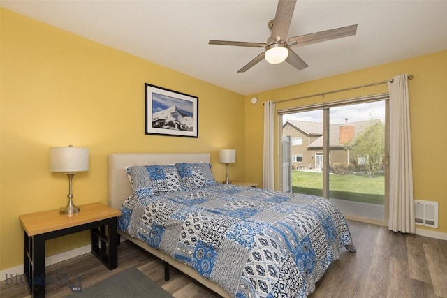456 Firelight, Big Sky, MT 59716 - bedroom featuring access to exterior, wood finished floors, and ceiling fan
