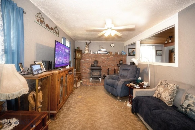 312 S California, Dillon, MT 59725 - carpeted living room with ceiling fan, a wood stove, and a textured wall