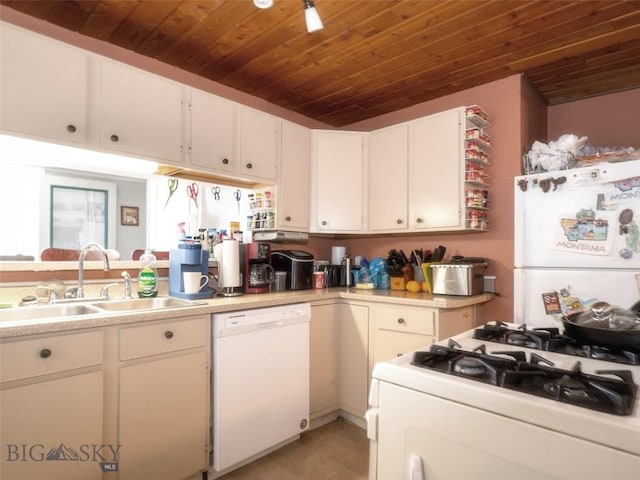 312 S California, Dillon, MT 59725 - kitchen with white appliances, wood ceiling, light countertops, and white cabinetry