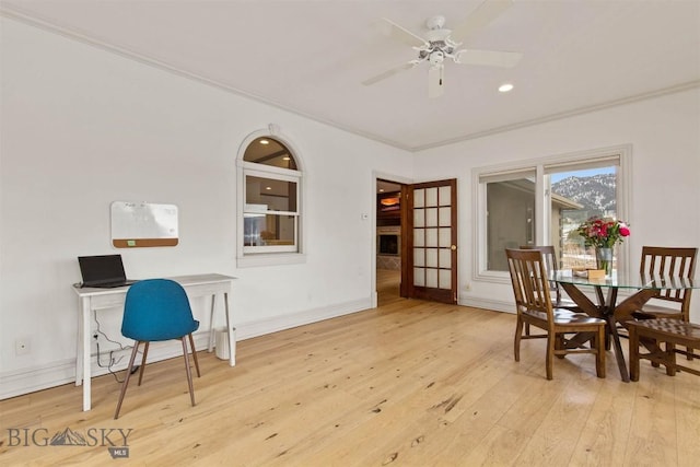 10423 Bridger Canyon Rd, Bozeman, MT 59715 - dining room featuring hardwood / wood-style floors, ceiling fan, a desk, ornamental molding, and recessed lighting