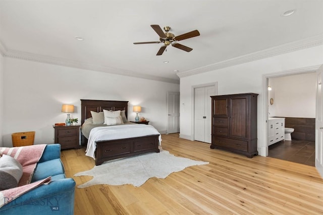 10423 Bridger Canyon Rd, Bozeman, MT 59715 - bedroom with ornamental molding, light wood-type flooring, connected bathroom, ceiling fan, and recessed lighting