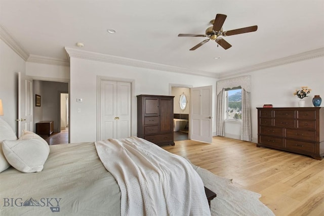 10423 Bridger Canyon Rd, Bozeman, MT 59715 - bedroom featuring ornamental molding, light wood-type flooring, and ceiling fan