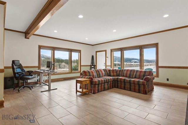 10423 Bridger Canyon Rd, Bozeman, MT 59715 - living area with plenty of natural light, crown molding, a desk, recessed lighting, and light tile patterned floors