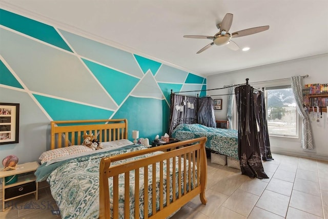 10423 Bridger Canyon Rd, Bozeman, MT 59715 - tiled bedroom with ornamental molding and a ceiling fan