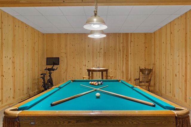 10423 Bridger Canyon Rd, Bozeman, MT 59715 - playroom with billiards table, wooden walls, and a drop ceiling