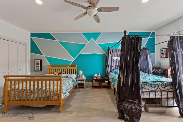 10423 Bridger Canyon Rd, Bozeman, MT 59715 - bedroom with crown molding, recessed lighting, and a ceiling fan