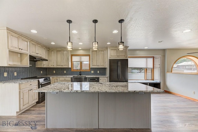 620 Higgins, Deer Lodge, MT 59722 - kitchen with appliances with stainless steel finishes, under cabinet range hood, cream cabinets, tasteful backsplash, and recessed lighting