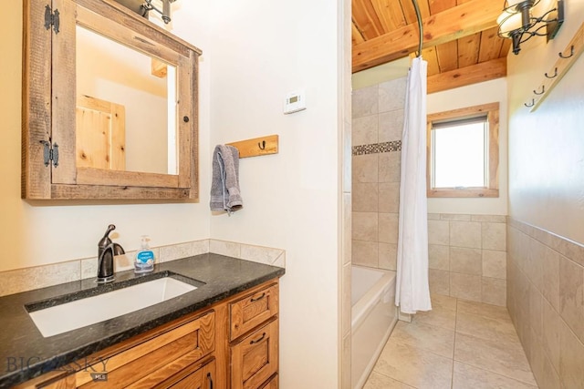 241 Aspen Loop Rd, West Yellowstone, MT 59758 - bathroom featuring tile patterned flooring, a wooden ceiling with exposed beams, vanity, and shower / bathtub combination with curtain