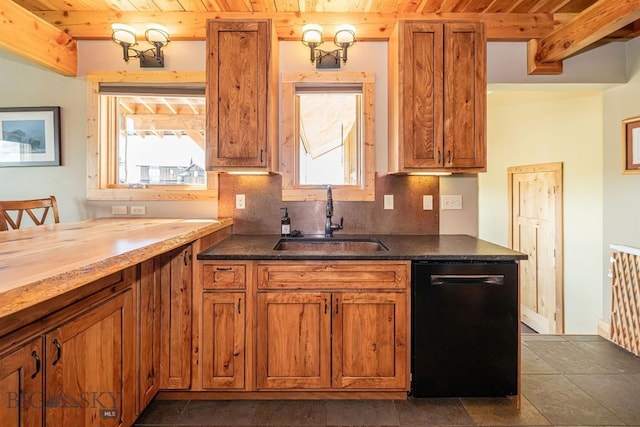 241 Aspen Loop Rd, West Yellowstone, MT 59758 - kitchen featuring dishwasher, a wood ceiling with exposed beams, healthy amount of natural light, and brown cabinetry