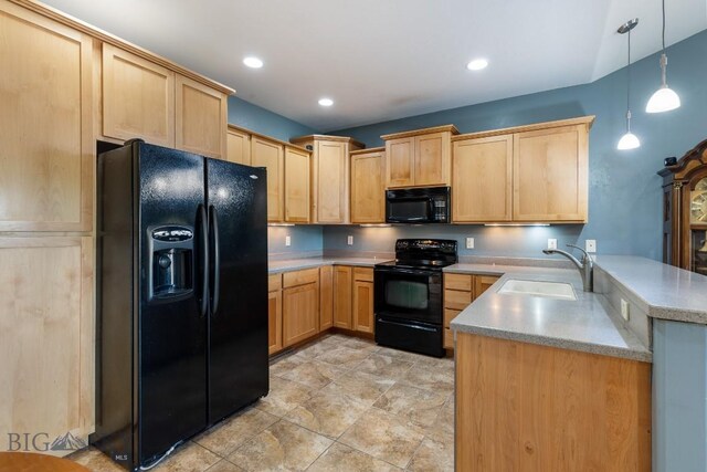 988 Meagher, Bozeman, MT 59718 - kitchen with black appliances, a peninsula, light brown cabinetry, light countertops, and recessed lighting