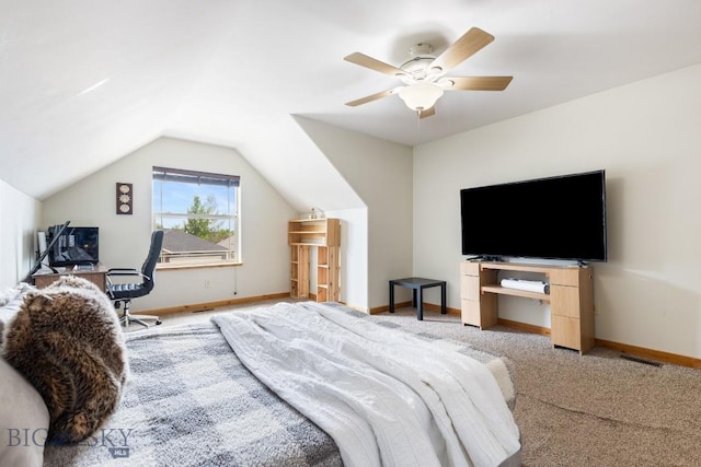 988 Meagher, Bozeman, MT 59718 - bedroom featuring vaulted ceiling, a desk, ceiling fan, and light colored carpet