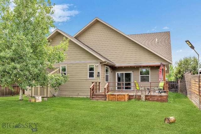 988 Meagher, Bozeman, MT 59718 - rear view of house featuring a fenced backyard, roof with shingles, and a deck