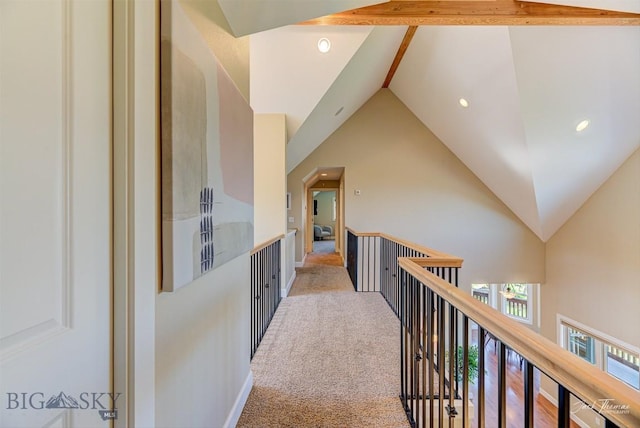 960 Strawberry, Helena, MT 59601 - hallway with an upstairs landing, carpet floors, vaulted ceiling, and recessed lighting