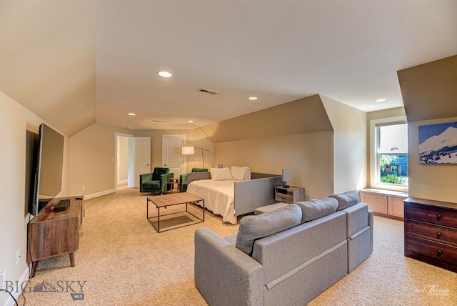 960 Strawberry, Helena, MT 59601 - bedroom featuring light colored carpet, vaulted ceiling, and recessed lighting