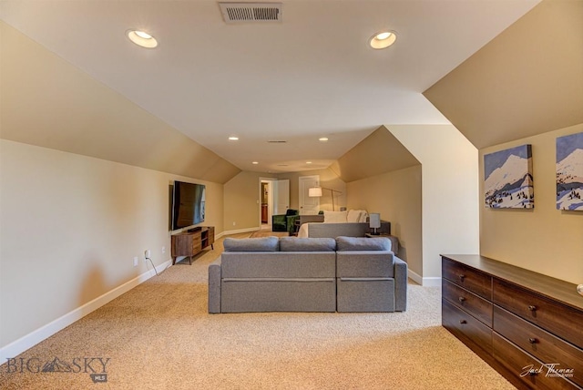 960 Strawberry, Helena, MT 59601 - living room with light carpet, lofted ceiling, and recessed lighting