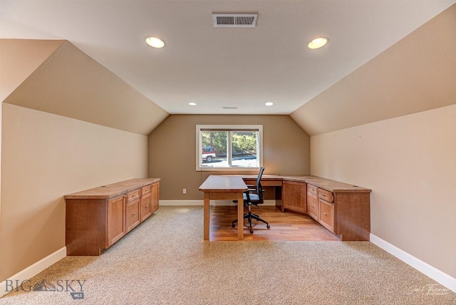 960 Strawberry, Helena, MT 59601 - office featuring light colored carpet, lofted ceiling, and recessed lighting