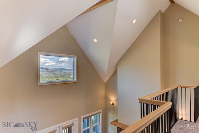 960 Strawberry, Helena, MT 59601 - stairs featuring vaulted ceiling, carpet flooring, and recessed lighting