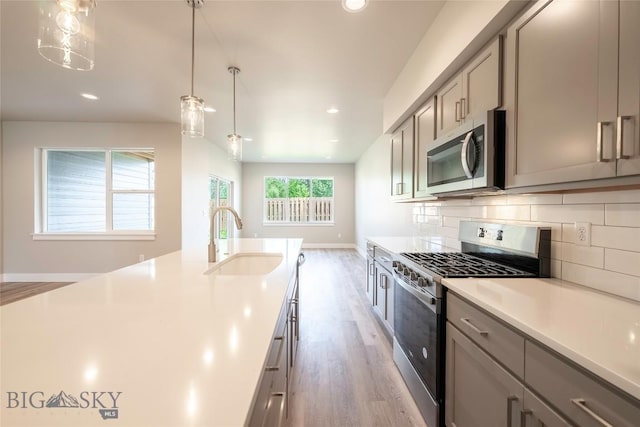 488 Meriwether Ave, Bozeman, MT 59718 - kitchen featuring appliances with stainless steel finishes, gray cabinets, light wood-style floors, tasteful backsplash, and recessed lighting
