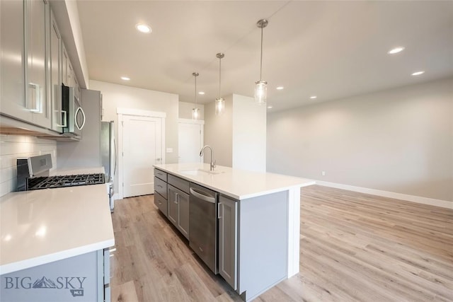 488 Meriwether Ave, Bozeman, MT 59718 - kitchen featuring appliances with stainless steel finishes, gray cabinets, light wood-style flooring, backsplash, and light countertops