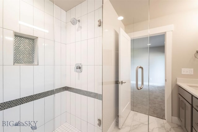 488 Meriwether Ave, Bozeman, MT 59718 - full bathroom with a shower stall, marble finish flooring, and vanity