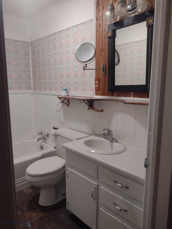 600 C St, Townsend, MT 59644 - bathroom with vanity, decorative backsplash, crown molding, and stone finish floors