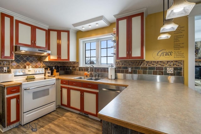 605 E Cameron Brg, Bozeman, MT 59718 - kitchen with white electric stove, under cabinet range hood, stainless steel dishwasher, and tasteful backsplash