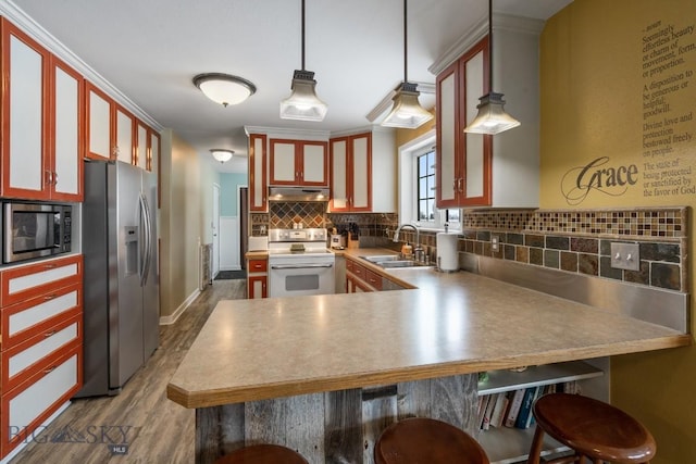 605 E Cameron Brg, Bozeman, MT 59718 - kitchen with stainless steel fridge with ice dispenser, white range with electric cooktop, under cabinet range hood, dark wood-style floors, and a peninsula