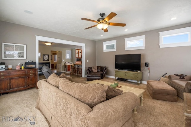 605 E Cameron Brg, Bozeman, MT 59718 - living room featuring ceiling fan, light colored carpet, and recessed lighting