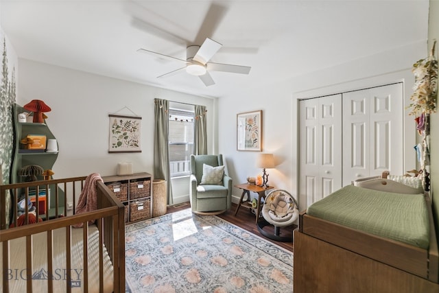 25 W Dooley Ln, Belgrade, MT 59714 - bedroom with a closet, wood finished floors, and a ceiling fan
