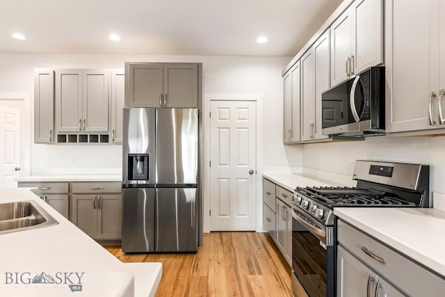 20 Hollow Top Trl, Three Forks, MT 59752 - kitchen featuring stainless steel appliances, light countertops, gray cabinetry, light wood-style floors, and recessed lighting