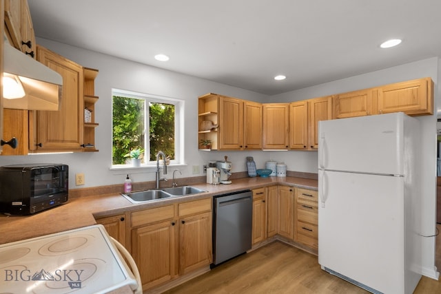 1203 Wineglass Ct Unit B, Livingston, MT 59047 - kitchen featuring freestanding refrigerator, dishwasher, open shelves, stove, and recessed lighting