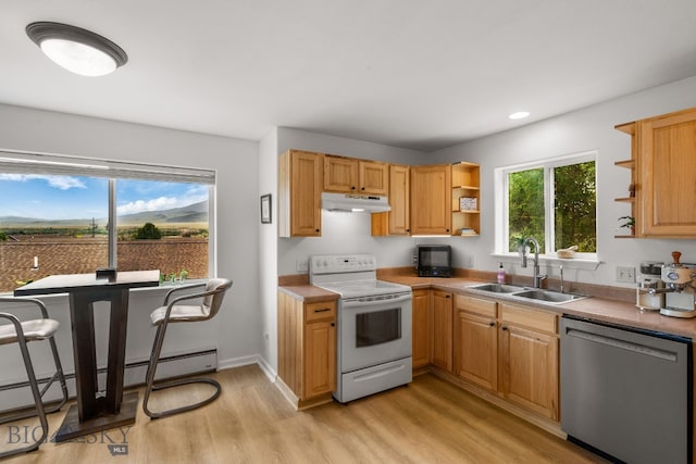 1203 Wineglass Ct Unit B, Livingston, MT 59047 - kitchen with white electric stove, dishwasher, under cabinet range hood, open shelves, and light wood-style flooring