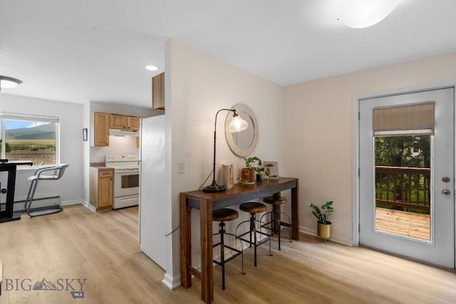 1203 Wineglass Ct Unit B, Livingston, MT 59047 - kitchen with electric stove, under cabinet range hood, light wood-type flooring, and baseboard heating