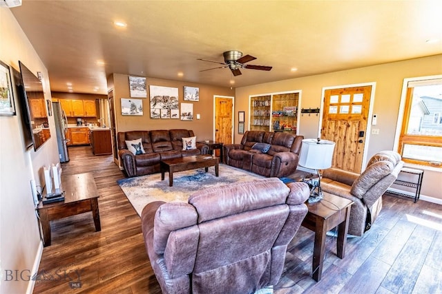 14 Peters Ln, Gardiner, MT 59030 - living room with a ceiling fan, dark wood finished floors, and recessed lighting