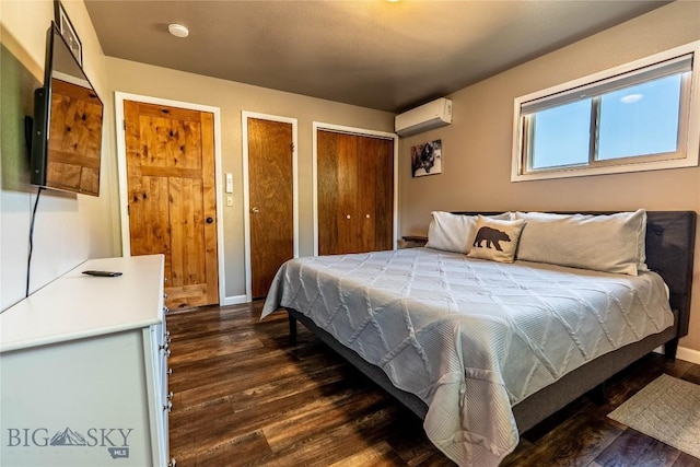 14 Peters Ln, Gardiner, MT 59030 - bedroom with dark wood-style flooring, a wall mounted AC, and two closets