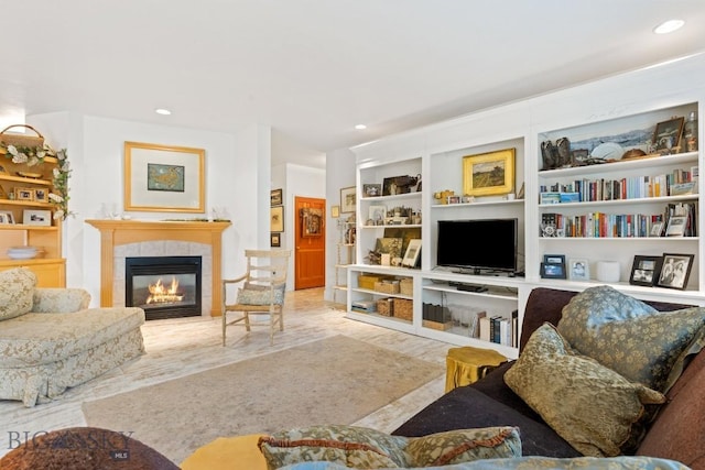 1037 Boylan Rd Unit 1, Bozeman, MT 59715 - living room with a fireplace, built in shelves, and recessed lighting