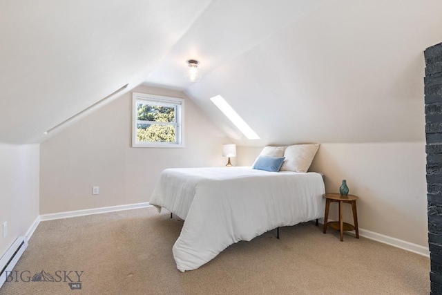 209 N 3rd Ave, Bozeman, MT 59715 - carpeted bedroom featuring a baseboard radiator, lofted ceiling, and a skylight