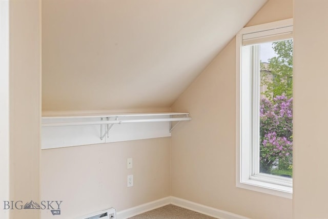 209 N 3rd Ave, Bozeman, MT 59715 - spacious closet with lofted ceiling, a baseboard radiator, and carpet