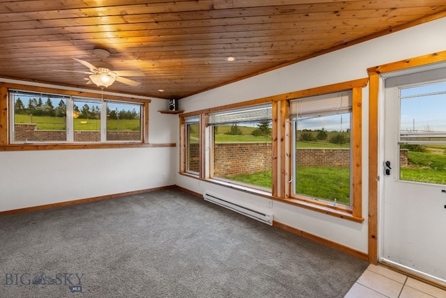 181 Pheasant Ln, Belgrade, MT 59714 - carpeted spare room featuring a baseboard heating unit, wood ceiling, and ceiling fan