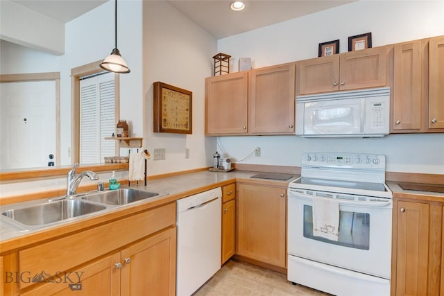 2221 Willow Unit 201-B, Livingston, MT 59047 - kitchen featuring white appliances, decorative light fixtures, light countertops, and recessed lighting