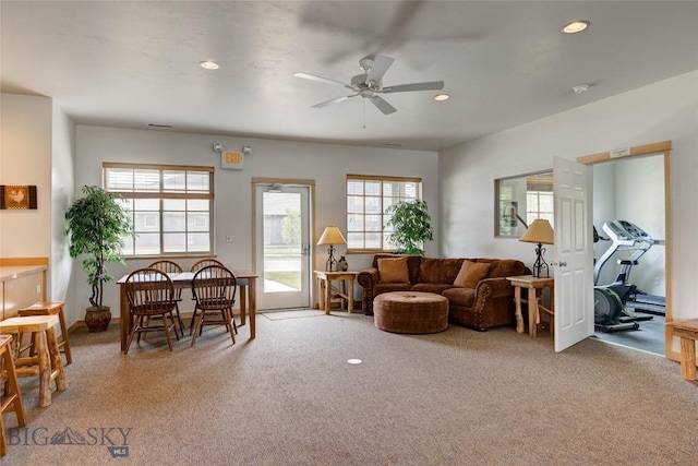 2221 Willow Unit 201-B, Livingston, MT 59047 - carpeted living area with plenty of natural light, ceiling fan, and recessed lighting