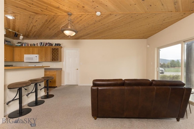 120 Firelight Dr Unit C10, Big Sky, MT 59716 - living area featuring light carpet, wood ceiling, and vaulted ceiling