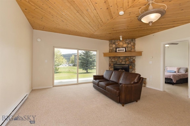 120 Firelight Dr Unit C10, Big Sky, MT 59716 - carpeted living area featuring baseboard heating, wooden ceiling, and a fireplace
