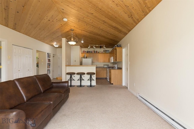 120 Firelight Dr Unit C10, Big Sky, MT 59716 - living area featuring a baseboard radiator, light carpet, vaulted ceiling, and wooden ceiling