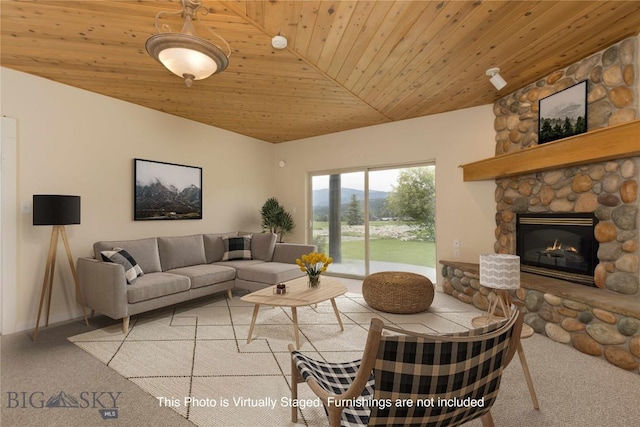 120 Firelight Dr Unit C10, Big Sky, MT 59716 - living area featuring light carpet, wood ceiling, a stone fireplace, and lofted ceiling