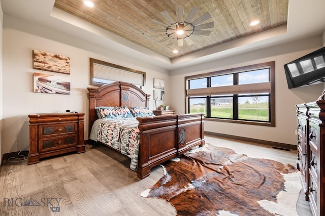 16 Tight Loop Dr, Bozeman, MT 59718 - bedroom featuring a raised ceiling, wooden ceiling, light wood-style flooring, recessed lighting, and a ceiling fan