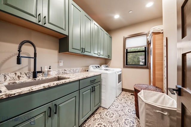 16 Tight Loop Dr, Bozeman, MT 59718 - laundry room with cabinet space, washer and clothes dryer, recessed lighting, and light tile patterned floors
