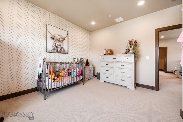 16 Tight Loop Dr, Bozeman, MT 59718 - bedroom with light carpet, wallpapered walls, recessed lighting, an accent wall, and a nursery area